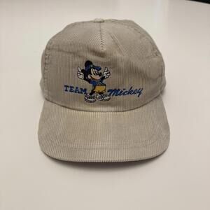 VINTAGE Team Mickey Hat Cap Snap Back Corduroy Embroidered‎ Mens Gray Disney 90s
